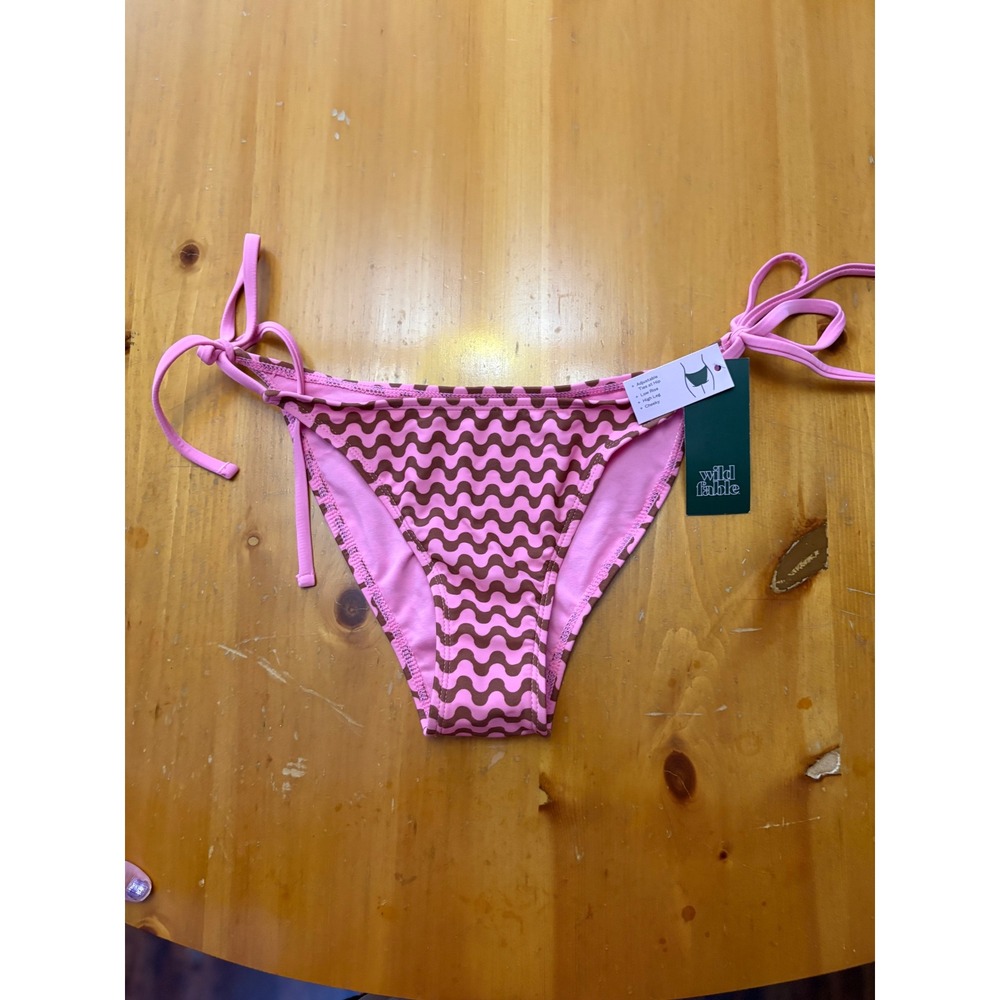 Wild Fable Pink Brown Wavy‎ Print Side Tie Bikini Bottom Low Rise Cheeky Small